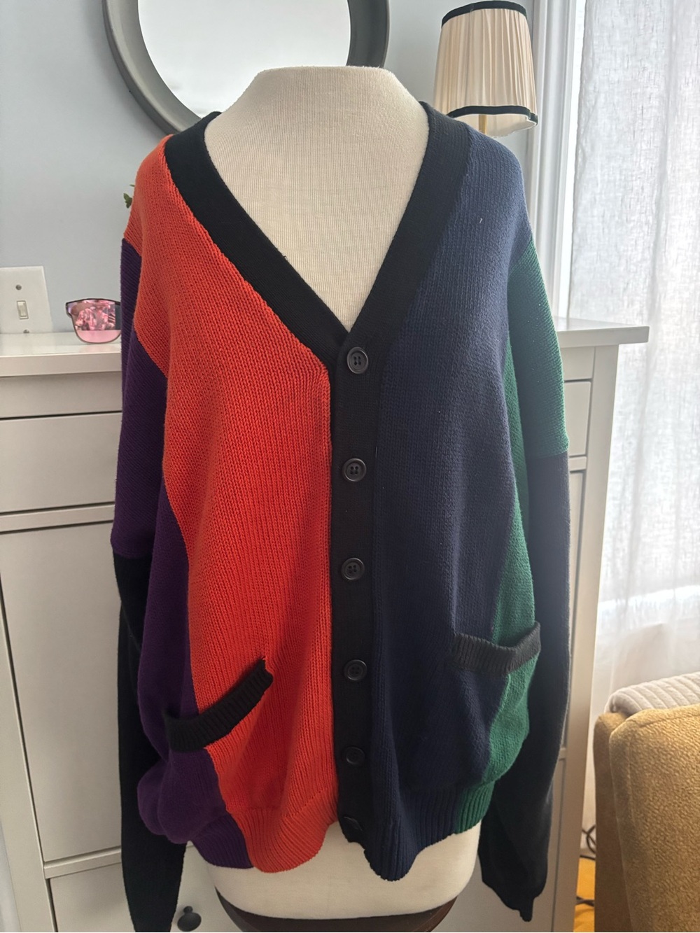 Vintage Navy, orange, & Green Colorblock Button Cardigan